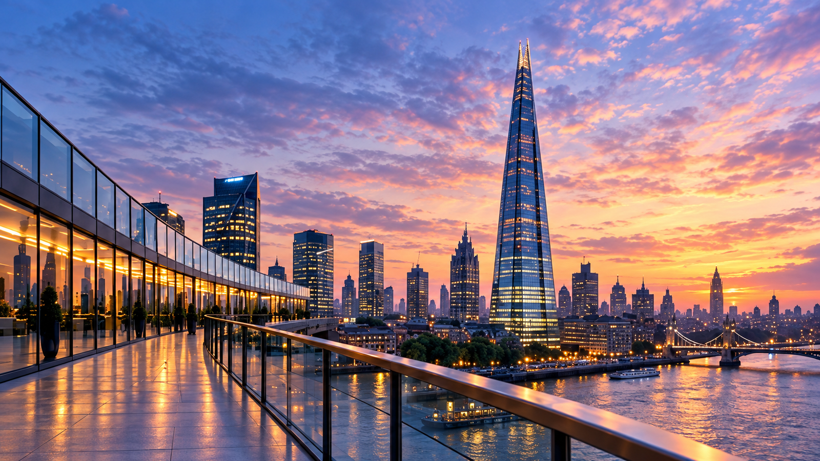 London riverside terrace overlooking The Shard at sunset