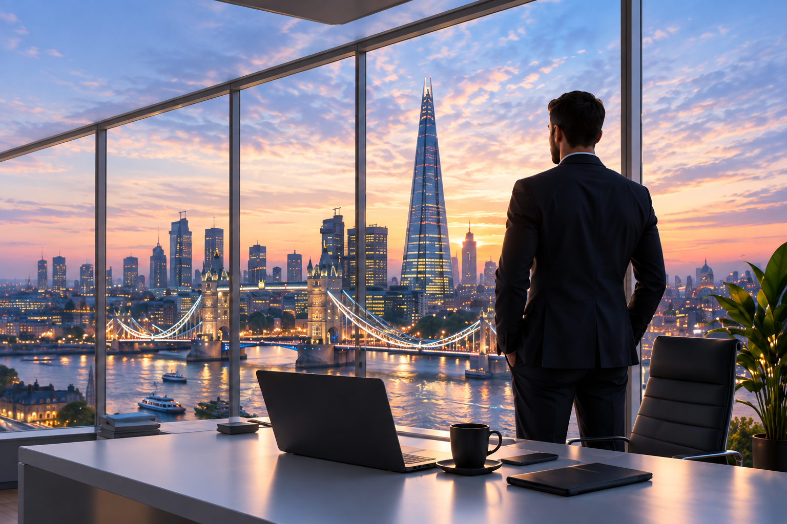 A London office overlooking The Shard and Tower Bridge at sunset