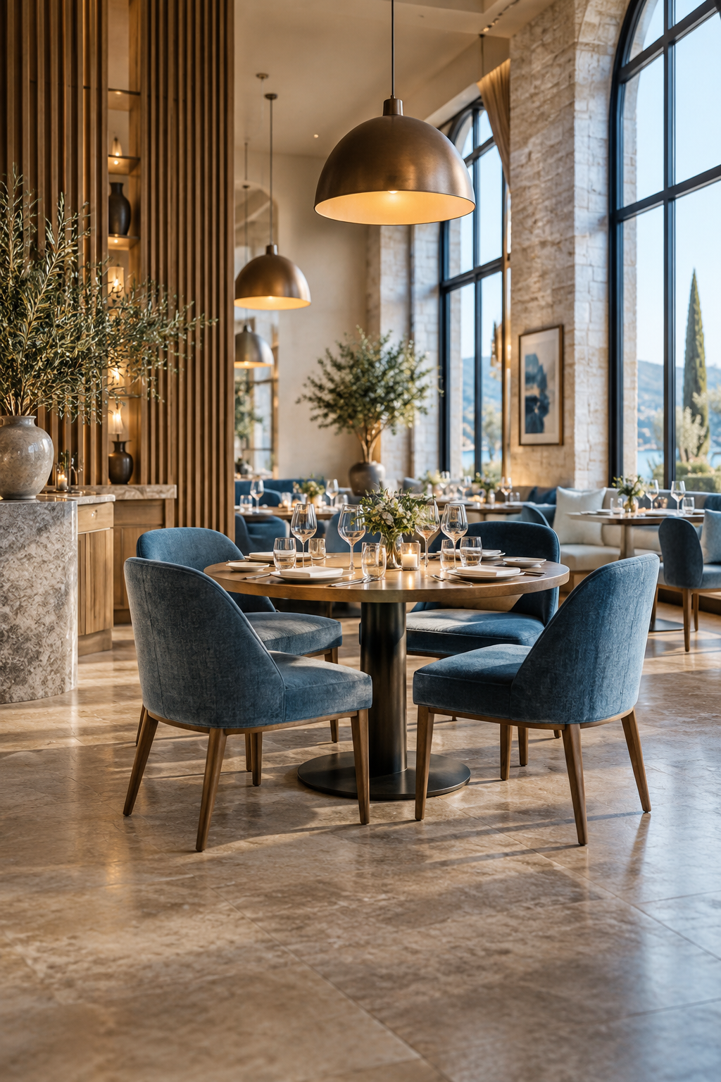 A warmly lit restaurant interior
